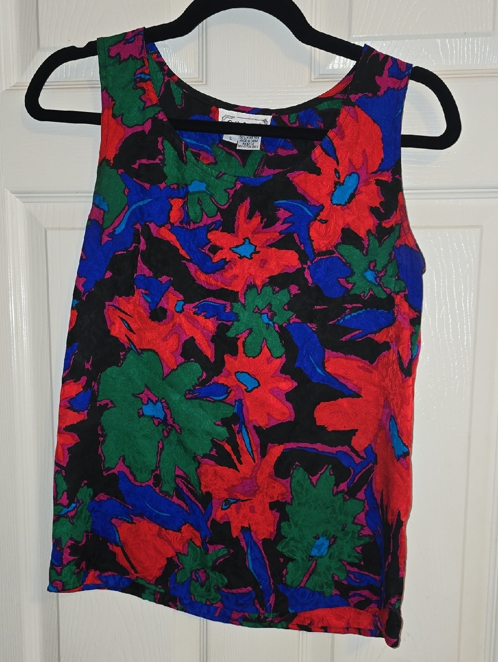 SilkLand Black Floral Tank with Red, Green & Blue Accents